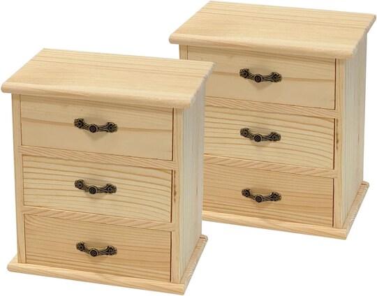 Greentek; 2 Pack Wooden box with 3 Mini Drawers for Jewellery,Unfinished Wood Surface Box, Small Wooden Organizer Storage Box for Arts Crafts DIY Project; Category:Boxes; Image:1